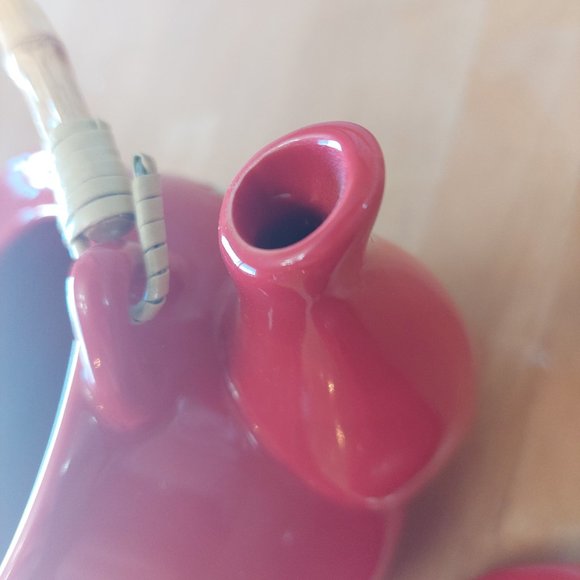 Red teapot with cherry blossom design in white with tan accent bamboo handle - Picture 12 of 12